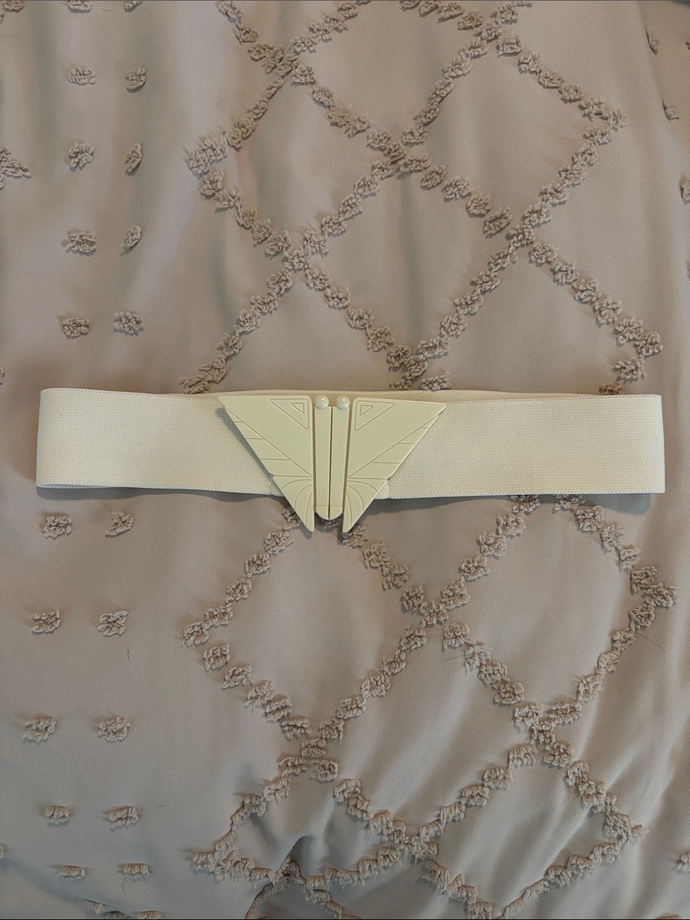 French Connection Cream Elastic Waist Belt with Art Deco Buckle